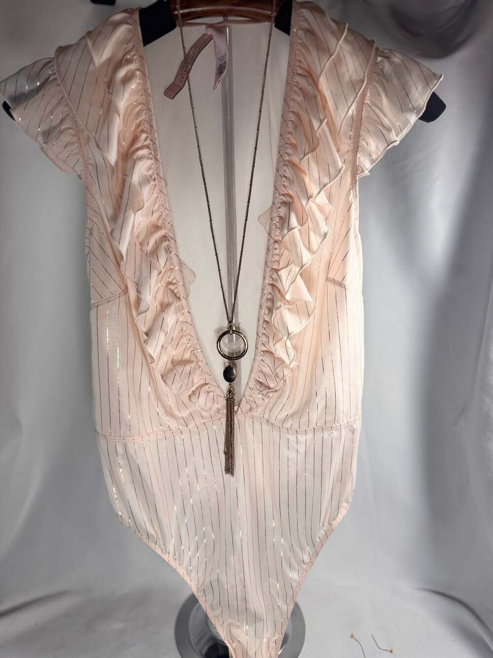 NWT Victoria's Secret Pink and Rose Gold Metallic Striped Ruffle Bodysuit